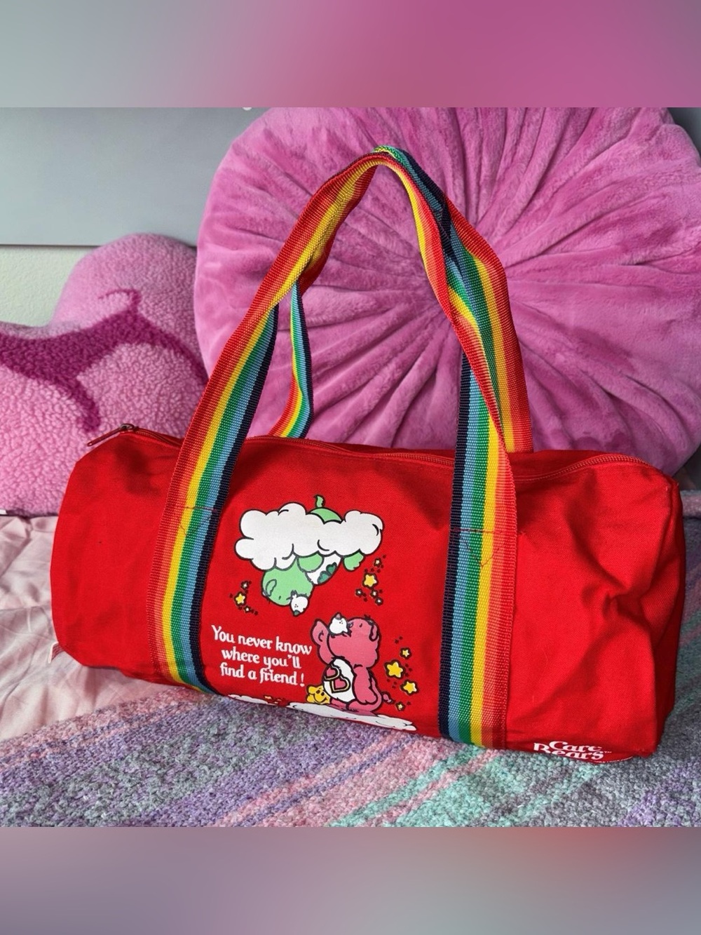 Vintage Care Bears Rainbow Mini Duffel Bag Red Retro Gym Travel Bag